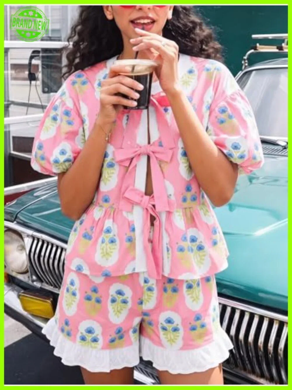 Floral Puff Sleeve Babydoll Blouse Ruffle Shorts Matching Set
